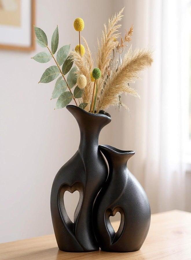 Meltset M Black Ceramic Vases Set of 2, Hollowed Heart Flower Vase for Modern Nordic Boho Home Decor, Minimalist Table Centerpiece for Wedding, Living Room, Office, Bookshelf, Entryway, Mother's Gift (Matte) - Image 1